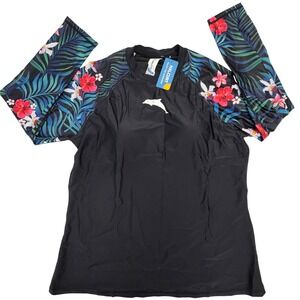 Halcurt Womens 2XL Rash Guard Swim Top Black Floral Long Sleeve Built-in Bra NEW